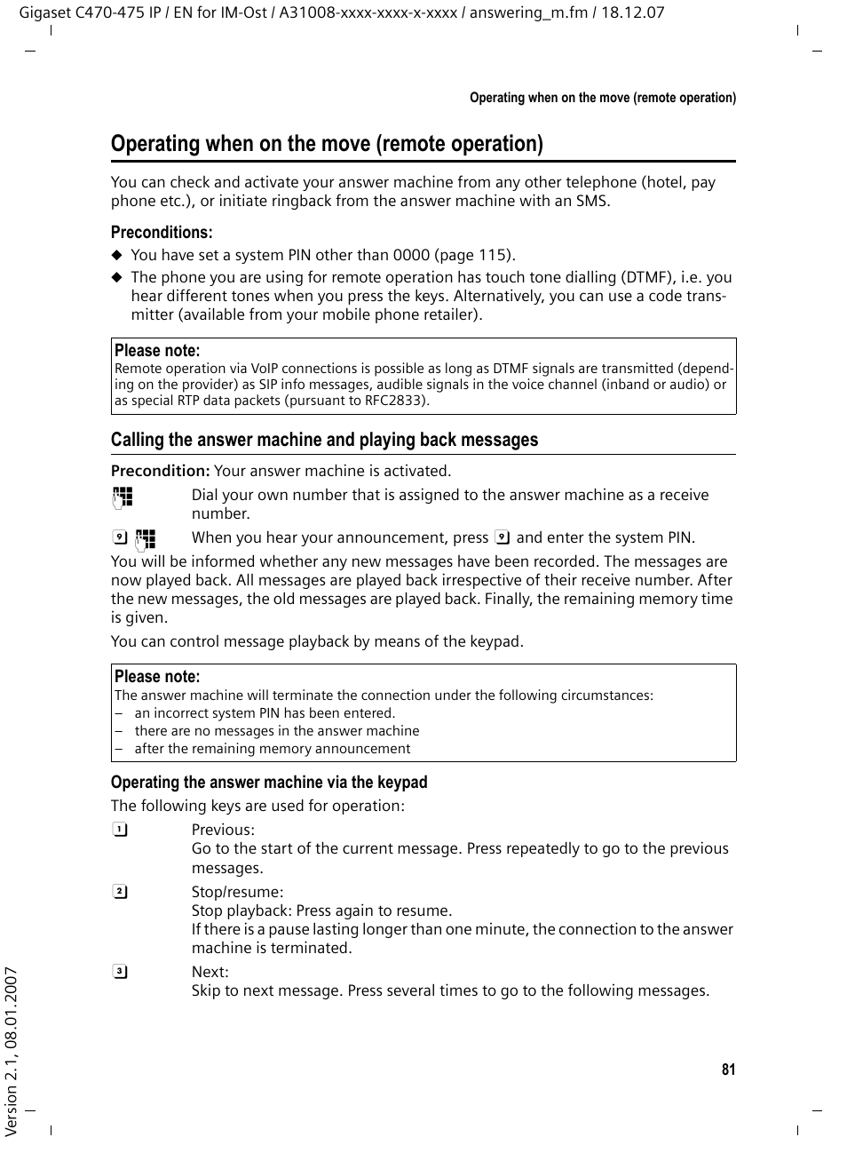 Operating when on the move (remote operation) | Siemens GIGASET C475 IP User Manual | Page 82 / 217