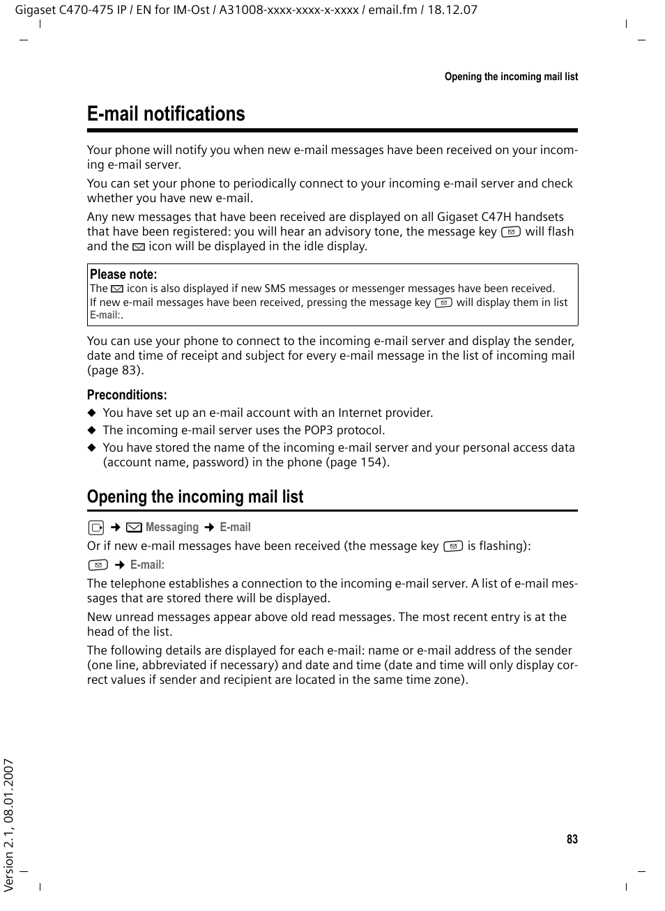 E-mail notifications, Opening the incoming mail list | Siemens GIGASET C475 IP User Manual | Page 84 / 217