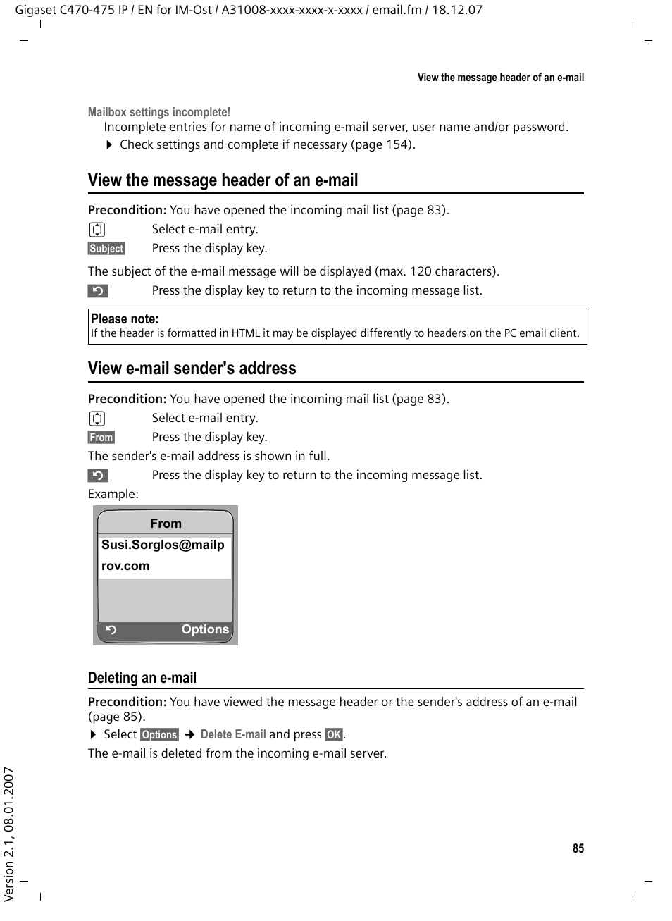 View the message header of an e-mail, View e-mail sender's address, Deleting an e-mail | Siemens GIGASET C475 IP User Manual | Page 86 / 217