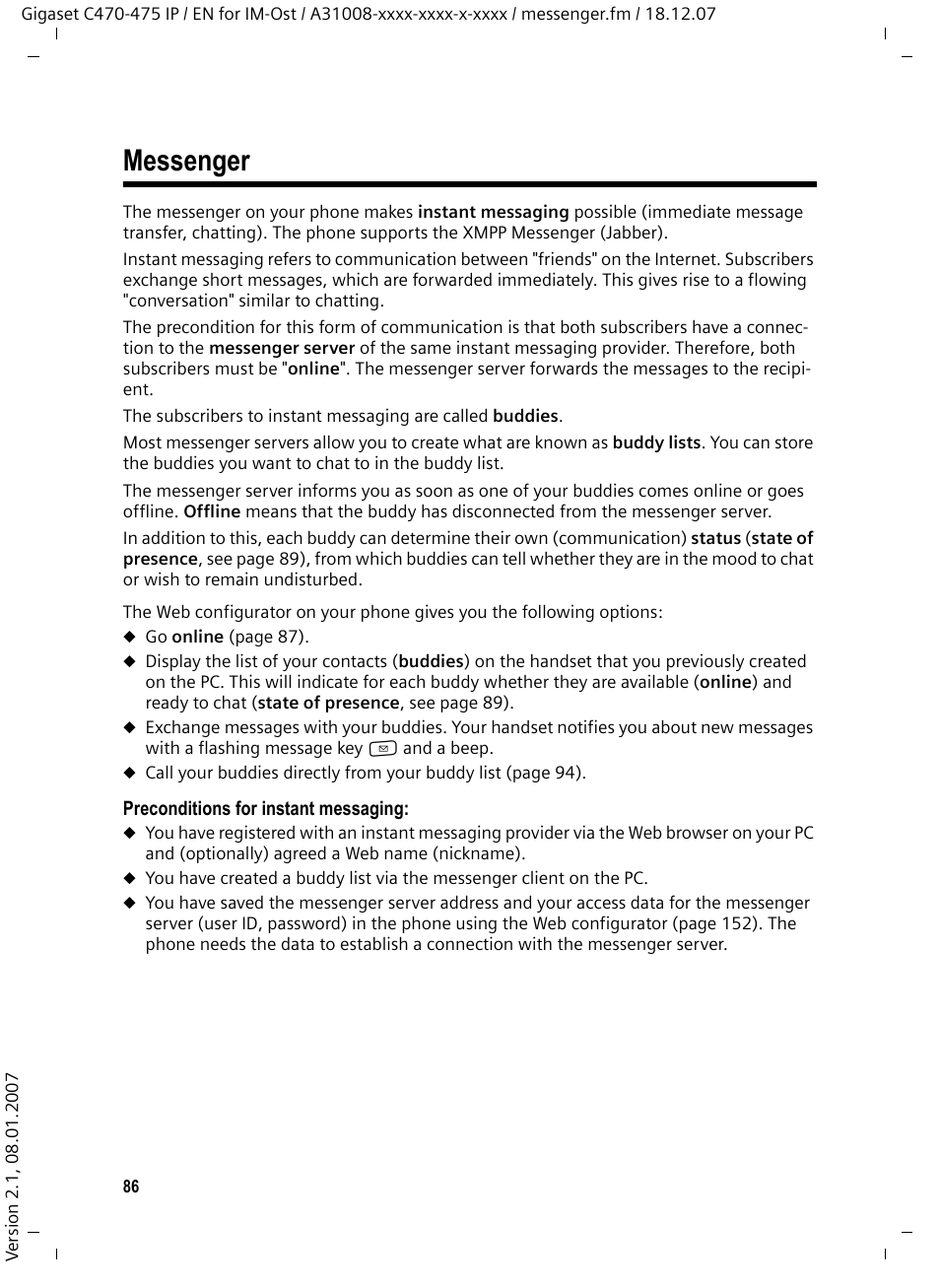 Messenger | Siemens GIGASET C475 IP User Manual | Page 87 / 217