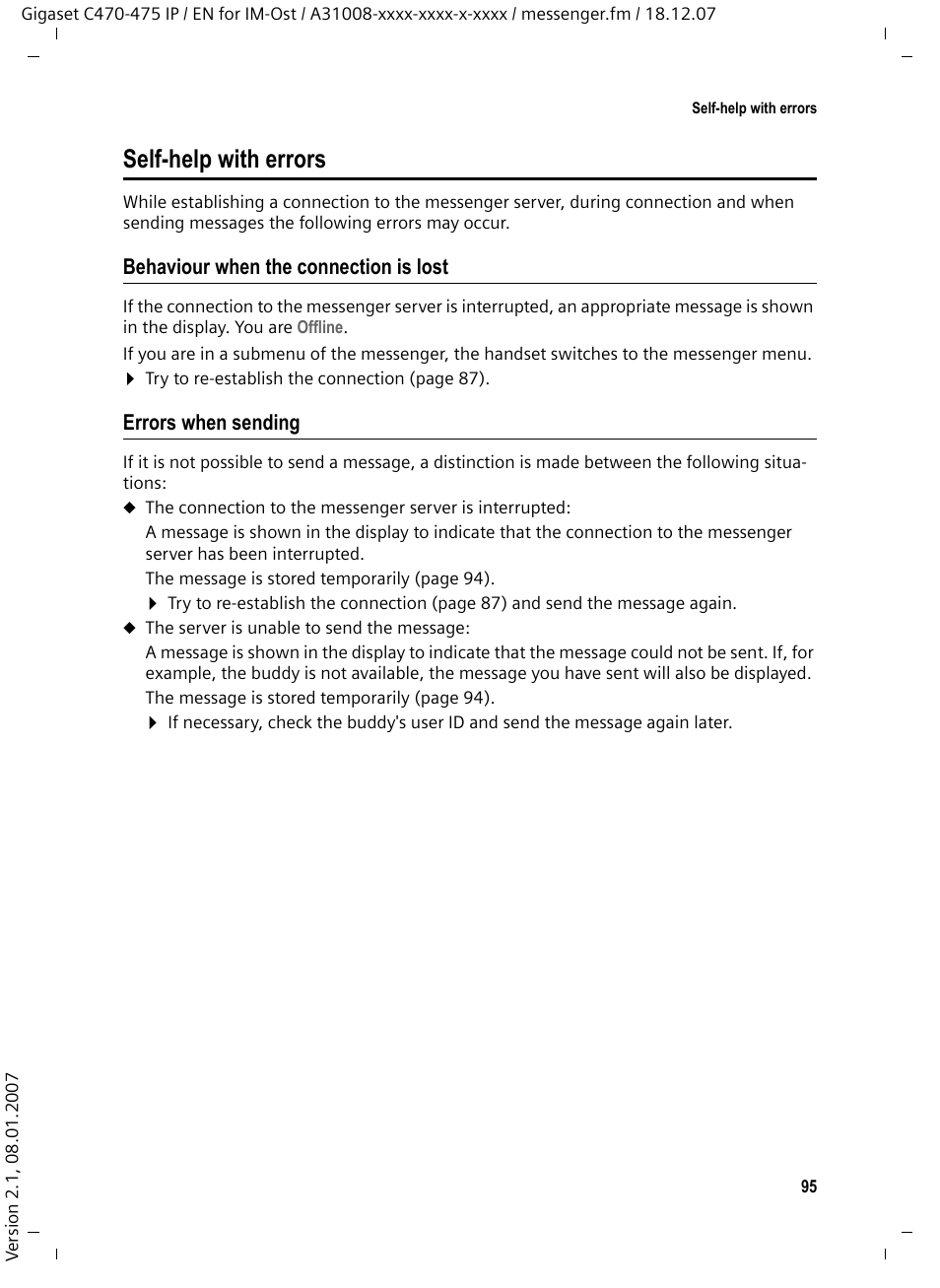 Self-help with errors, Behaviour when the connection is lost, Errors when sending | Siemens GIGASET C475 IP User Manual | Page 96 / 217