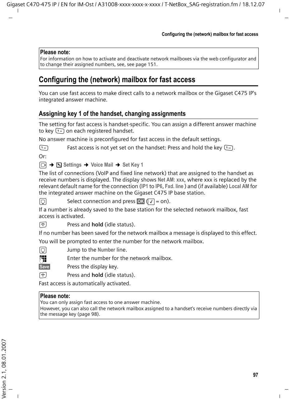 Configuring the (network) mailbox for fast access | Siemens GIGASET C475 IP User Manual | Page 98 / 217