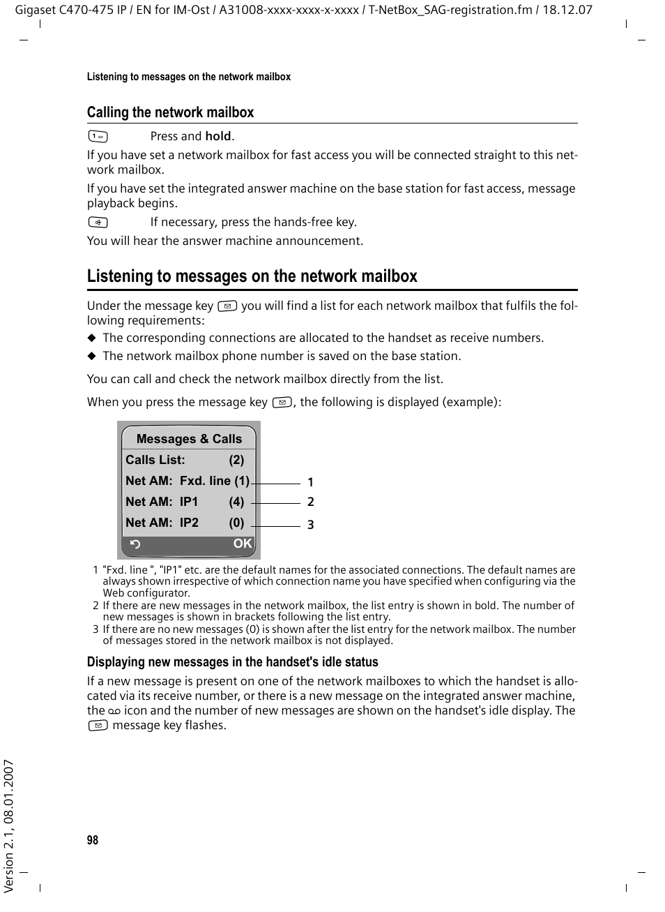 Listening to messages on the network mailbox, Calling the network mailbox | Siemens GIGASET C475 IP User Manual | Page 99 / 217