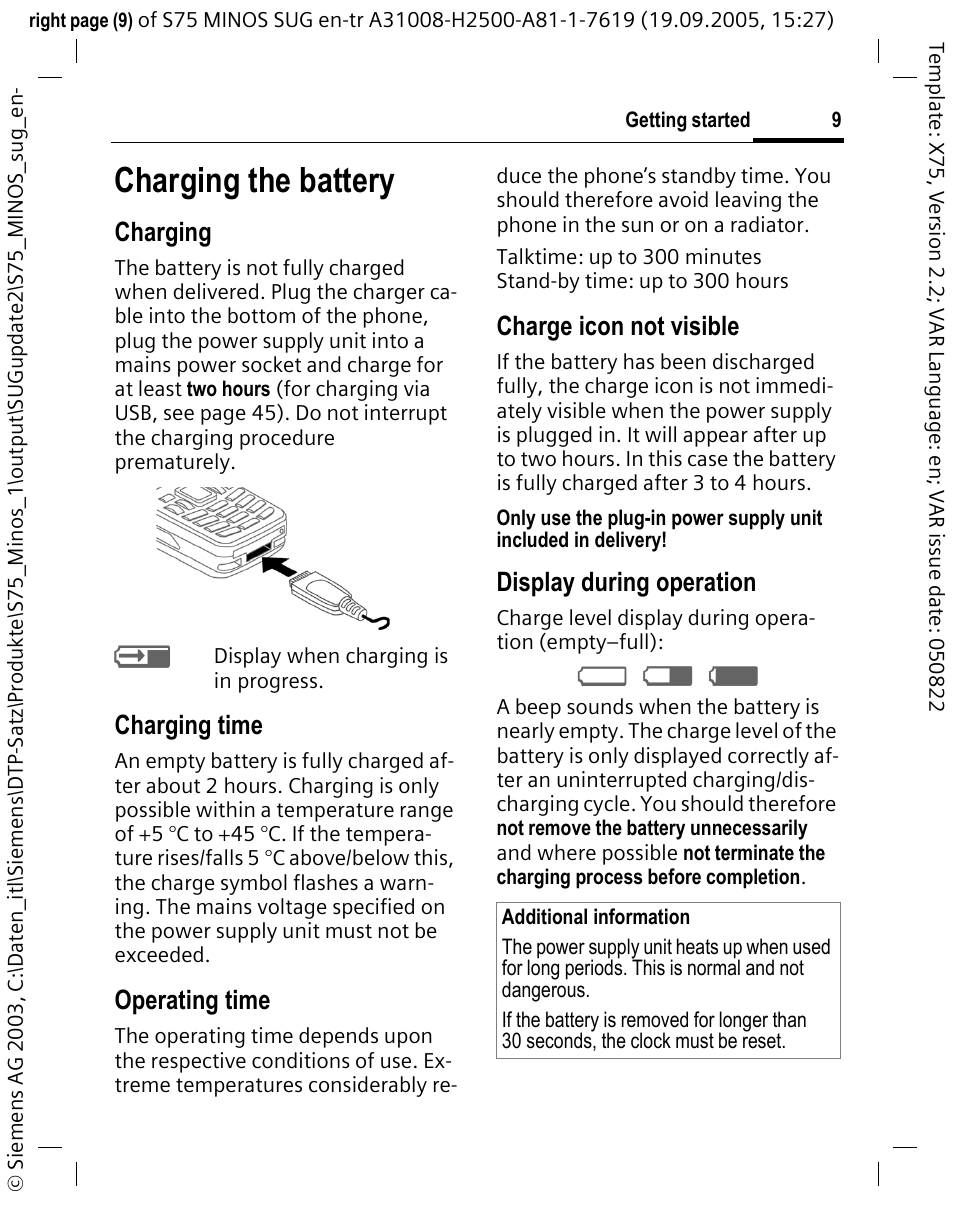 Charging the battery, Эю я, Charging | Charging time, Operating time, Charge icon not visible, Display during operation | Siemens S75 User Manual | Page 10 / 72