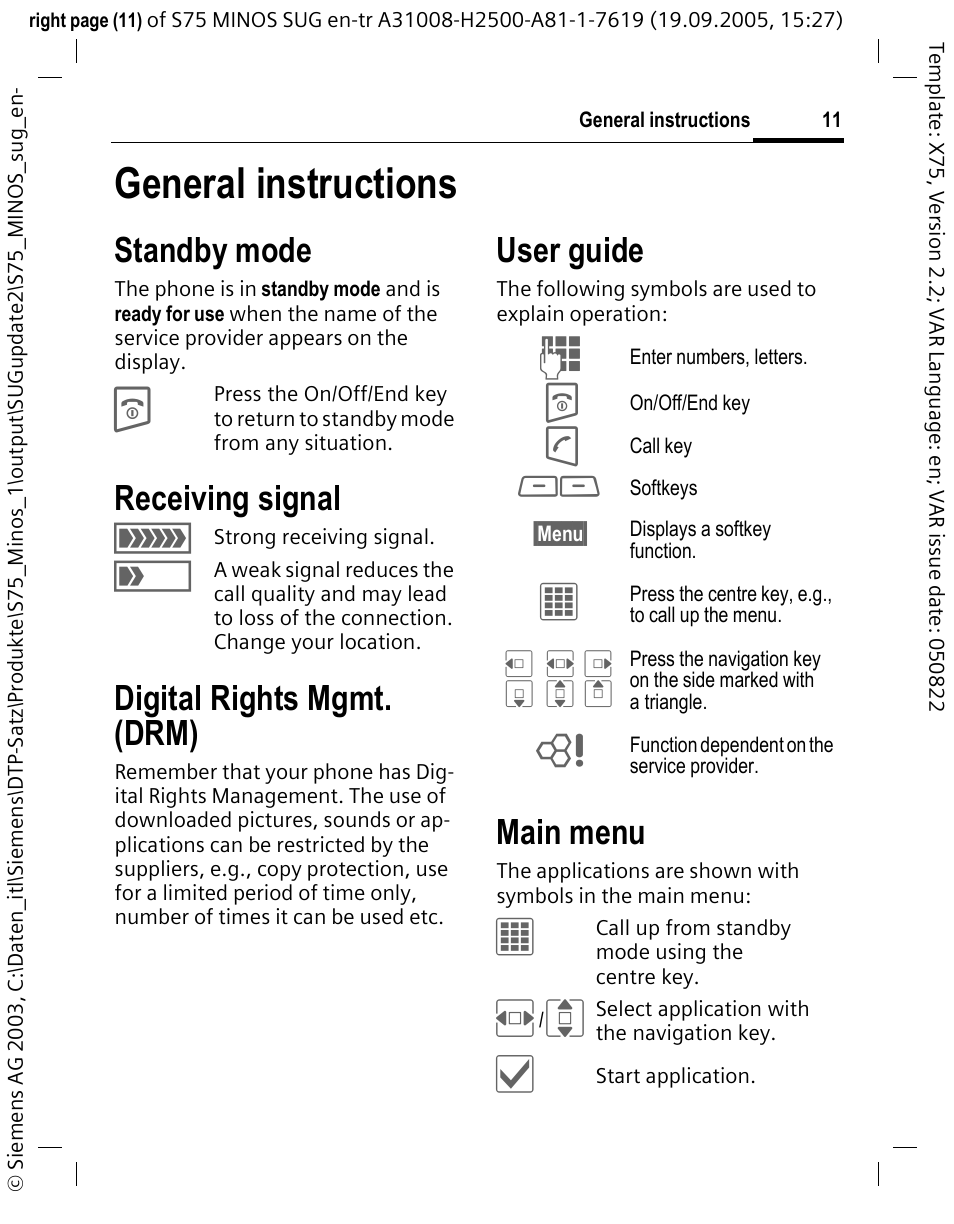 General instructions, Standby mode, Receiving signal | Digital rights mgmt. (drm), Main menu, User guide | Siemens S75 User Manual | Page 12 / 72