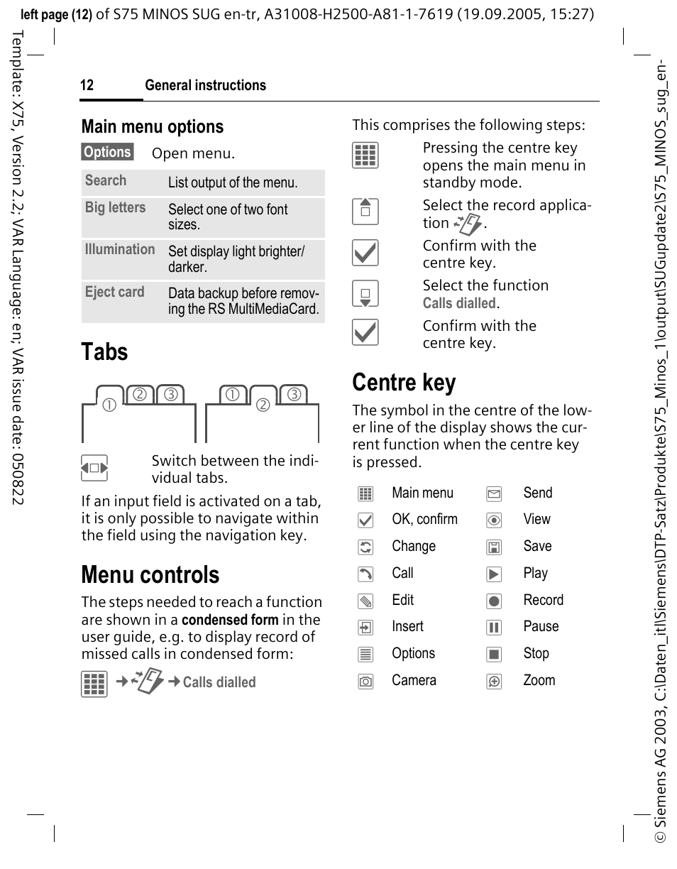 Tabs, Menu controls, Centre key | Siemens S75 User Manual | Page 13 / 72