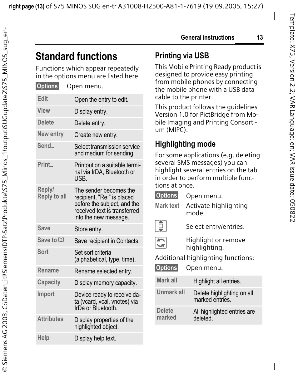 Standard functions, Printing via usb, Highlighting mode | Siemens S75 User Manual | Page 14 / 72