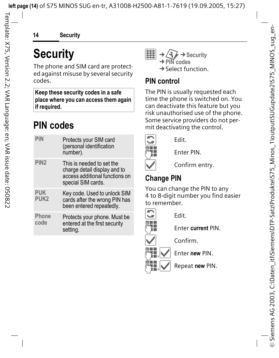 Security, Pin codes | Siemens S75 User Manual | Page 15 / 72