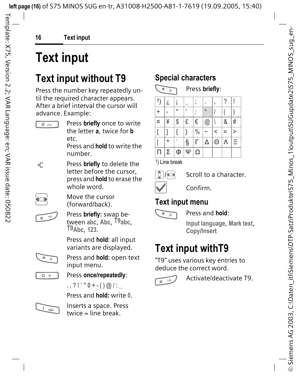 Text input, Text input without t9, Text input witht9 | Siemens S75 User Manual | Page 17 / 72