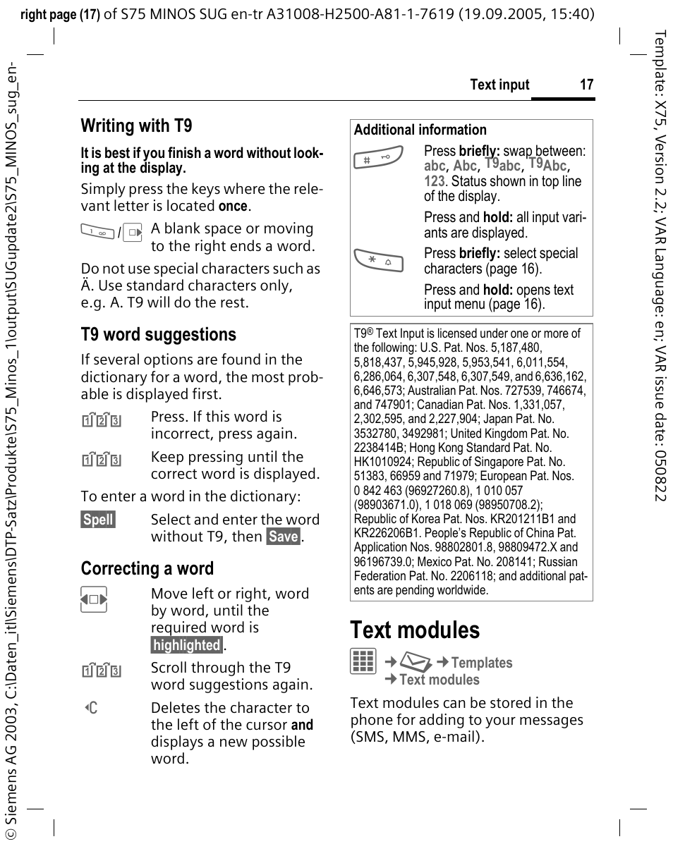 Text modules, Writing with t9, T9 word suggestions | Correcting a word | Siemens S75 User Manual | Page 18 / 72