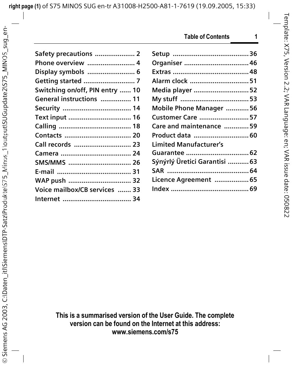 Siemens S75 User Manual | Page 2 / 72