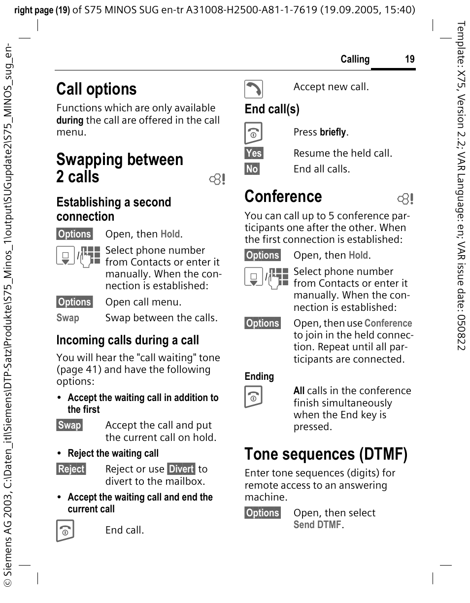 Call options, Conference b, Tone sequences (dtmf) | Swapping between 2 calls, Conference | Siemens S75 User Manual | Page 20 / 72