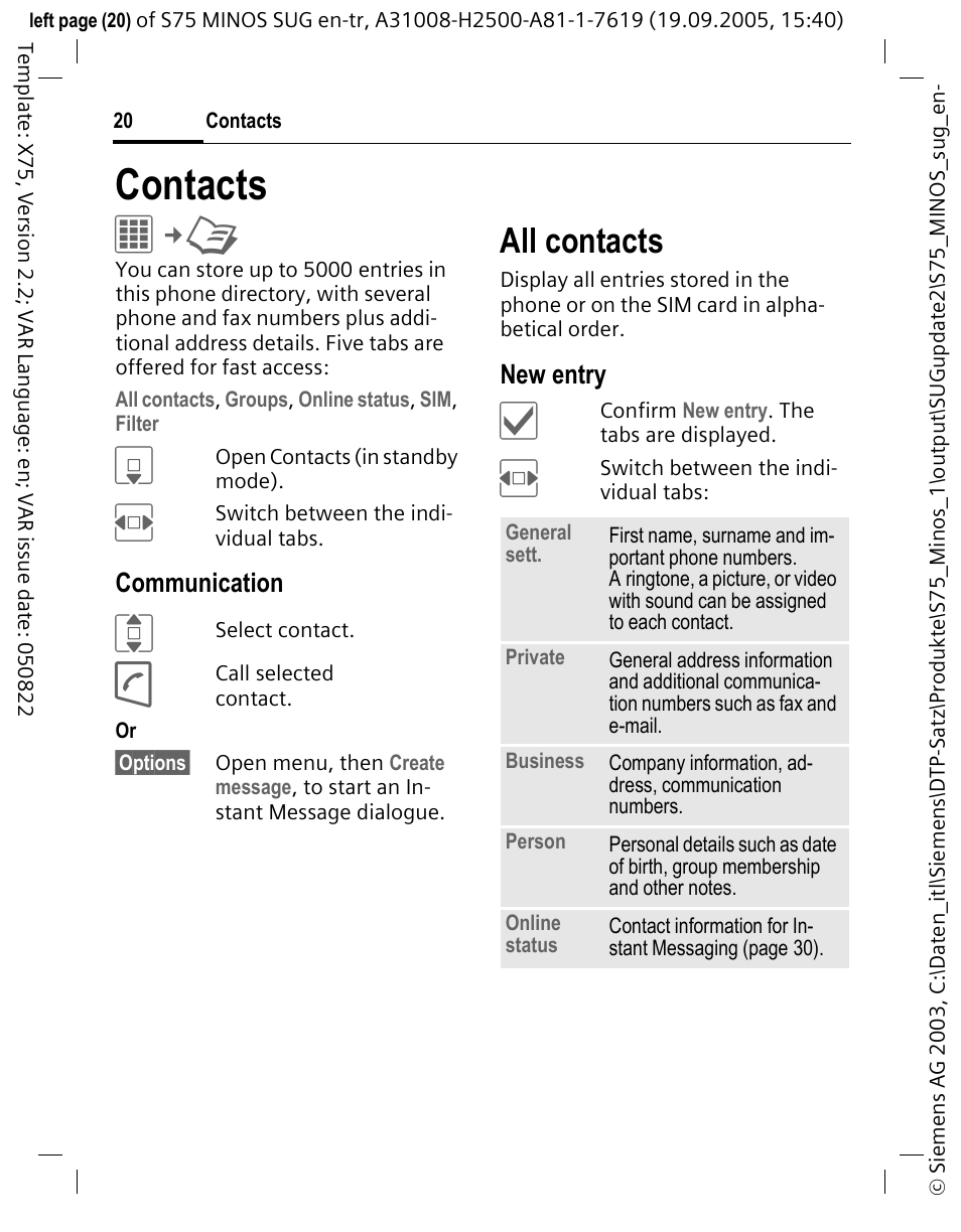 Contacts, All contacts, Communication | New entry | Siemens S75 User Manual | Page 21 / 72