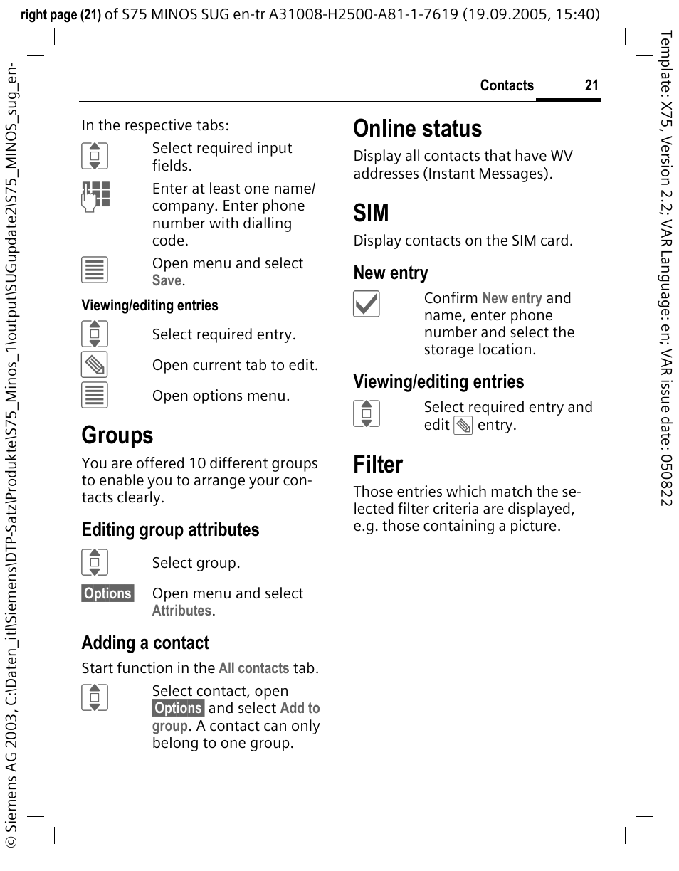 Groups, Online status, Filter | Siemens S75 User Manual | Page 22 / 72