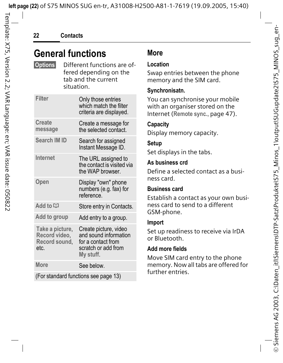 General functions, More | Siemens S75 User Manual | Page 23 / 72