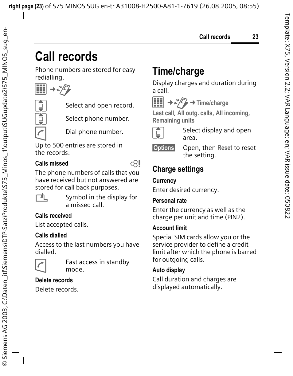 Call records, Time/charge | Siemens S75 User Manual | Page 24 / 72