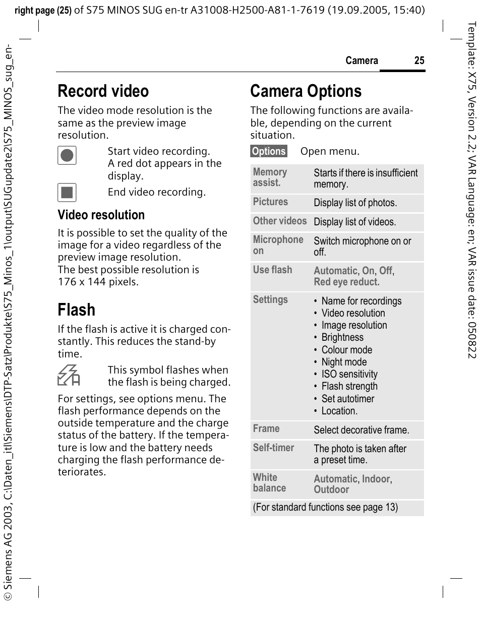 Record video, Flash, Camera options | Video resolution | Siemens S75 User Manual | Page 26 / 72