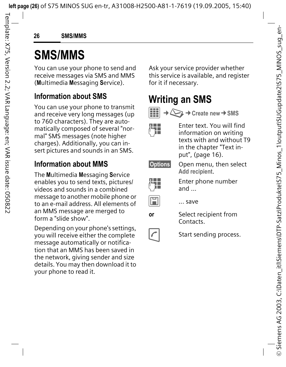 Sms/mms, Writing an sms | Siemens S75 User Manual | Page 27 / 72