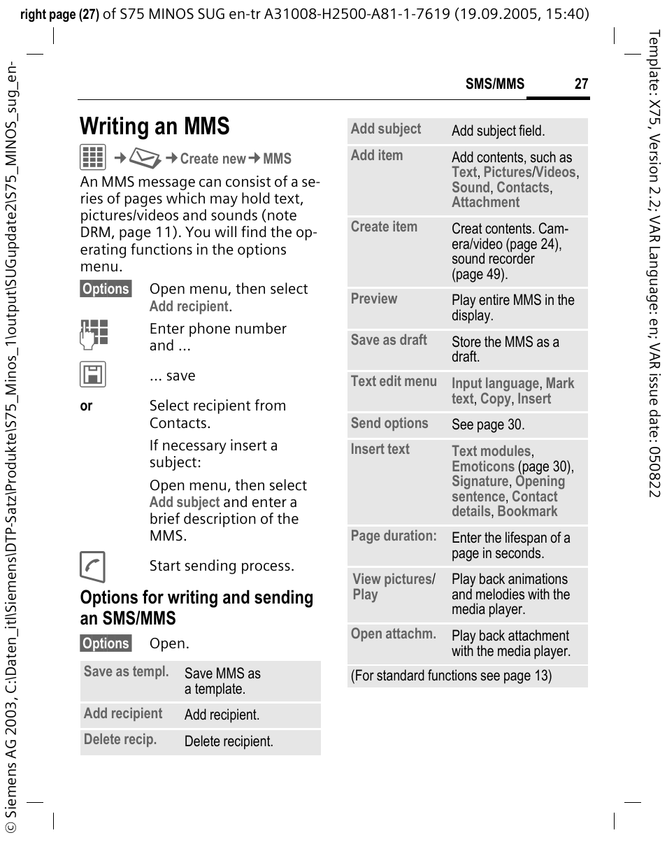 Writing an mms, Options for writing and sending an sms/mms | Siemens S75 User Manual | Page 28 / 72