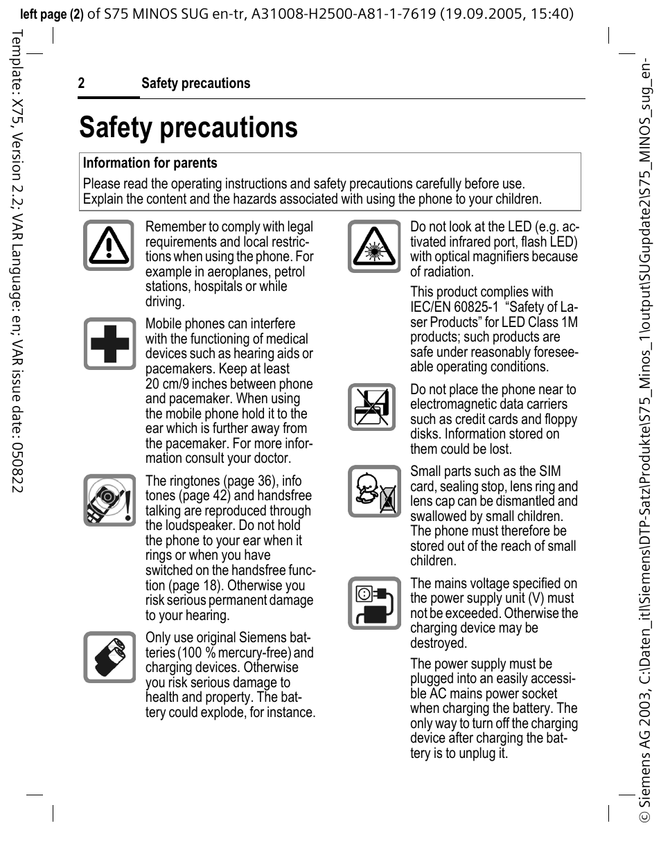 Safety precautions | Siemens S75 User Manual | Page 3 / 72