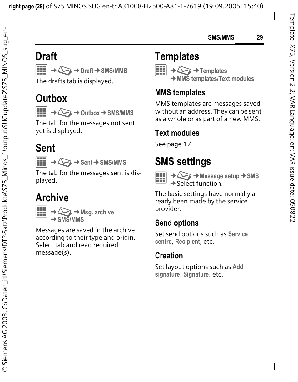 Draft, Outbox, Sent | Archive, Templates, Sms settings | Siemens S75 User Manual | Page 30 / 72