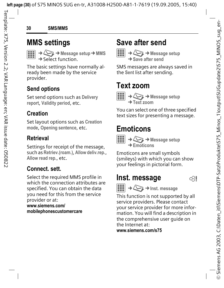 Mms settings, Save after send, Text zoom | Emoticons, Inst. message b, Inst. message | Siemens S75 User Manual | Page 31 / 72