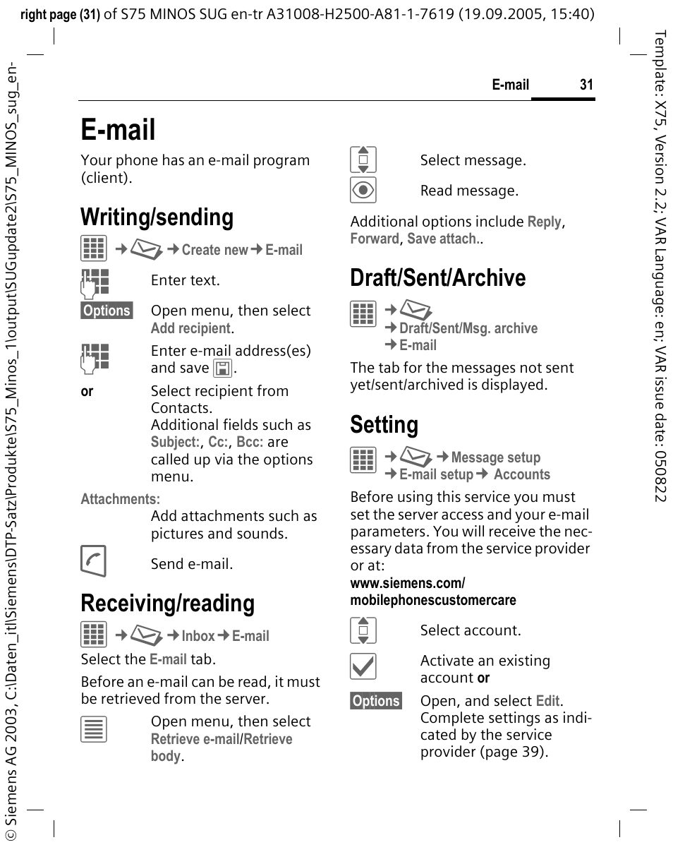 E-mail, Writing/sending, Receiving/reading | Setting, Draft/sent/archive | Siemens S75 User Manual | Page 32 / 72