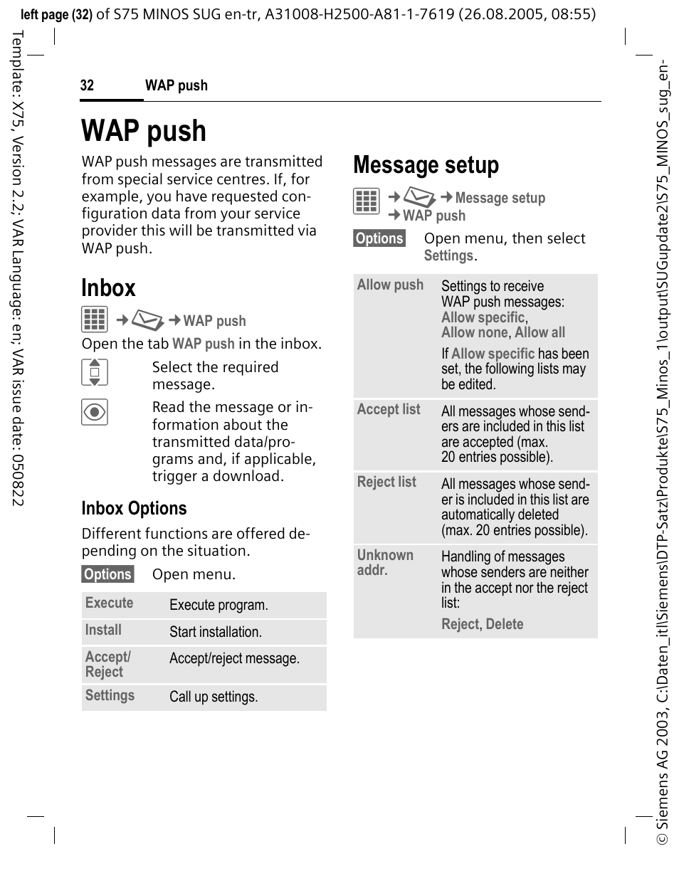 Wap push, Inbox, Message setup | Inbox options | Siemens S75 User Manual | Page 33 / 72