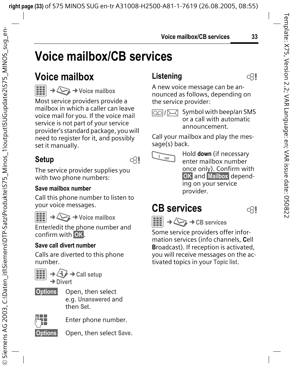 Voice mailbox/cb services, Voice mailbox, Cb services b | Cb services | Siemens S75 User Manual | Page 34 / 72