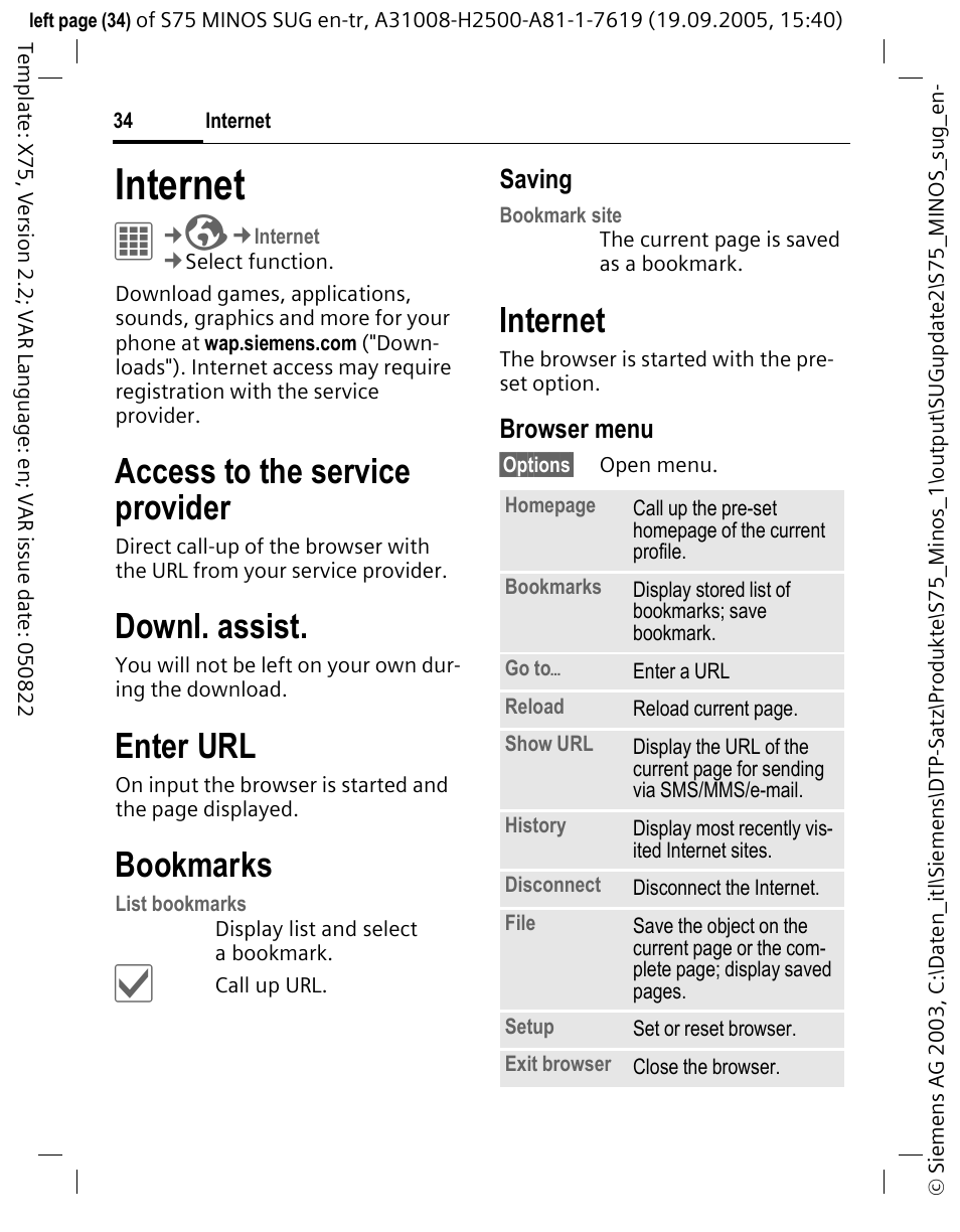 Internet, Downl. assist, Enter url | Bookmarks, Access to the service provider, Saving, Browser menu | Siemens S75 User Manual | Page 35 / 72