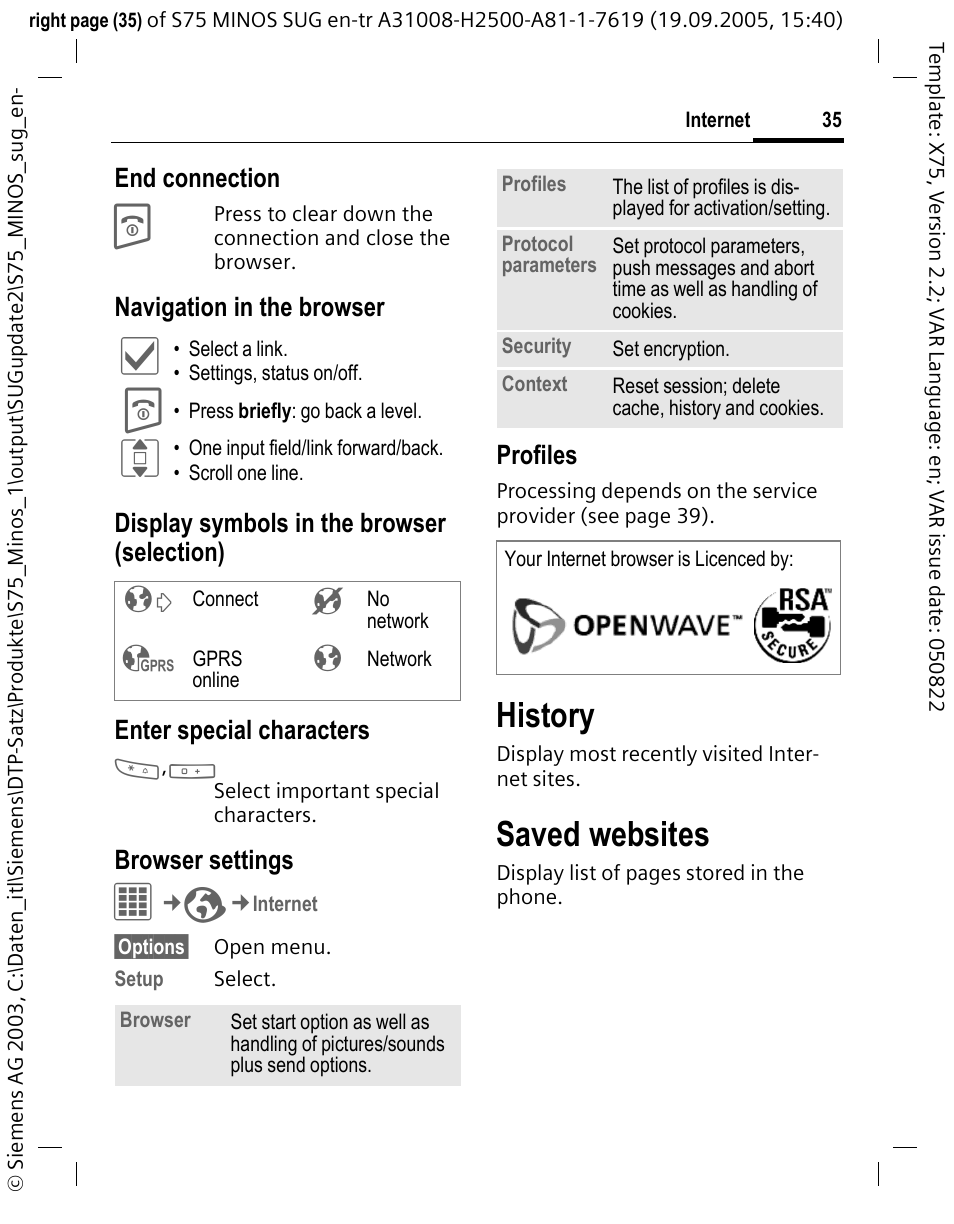 History, Saved websites | Siemens S75 User Manual | Page 36 / 72