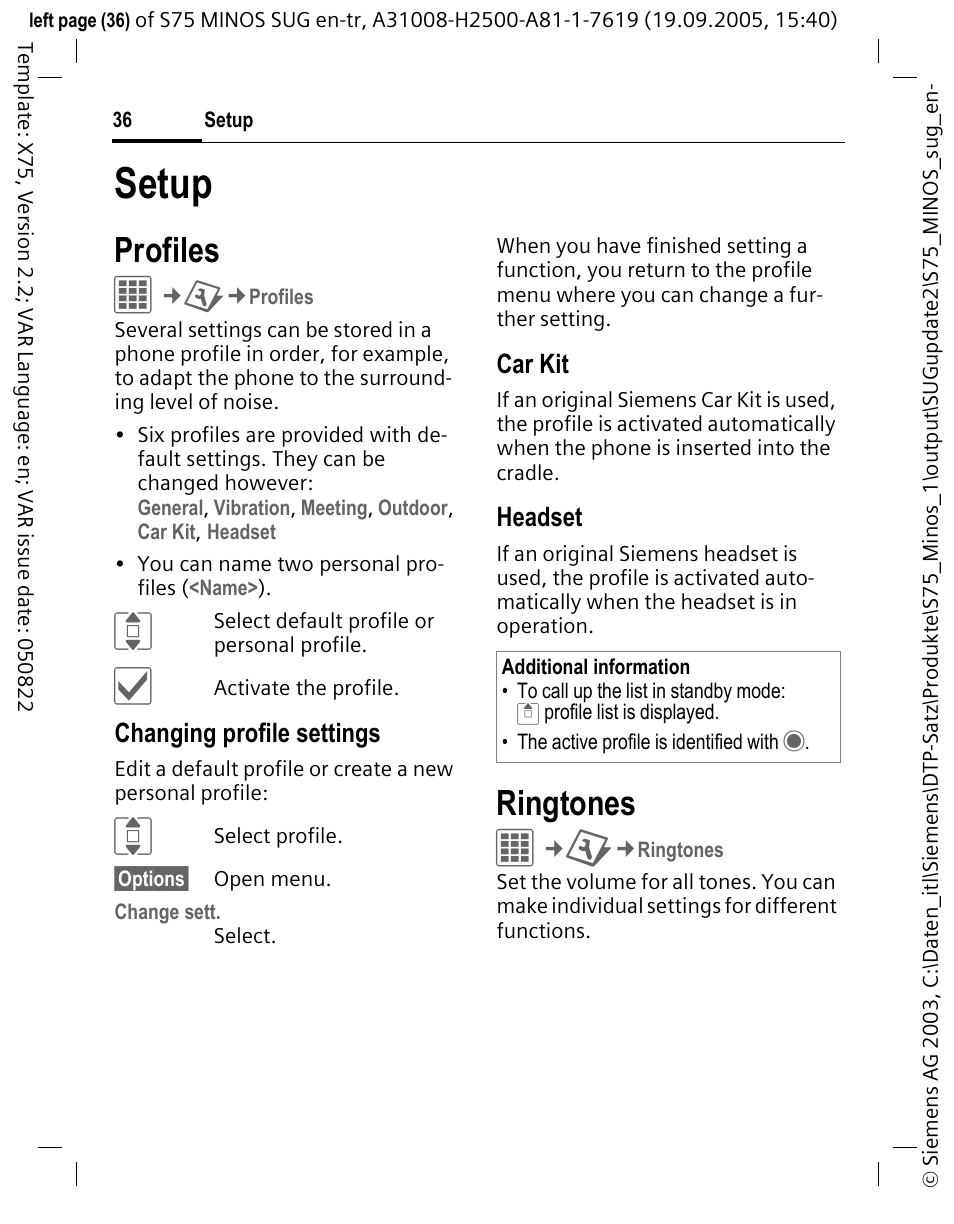 Setup, Profiles, Ringtones | Siemens S75 User Manual | Page 37 / 72