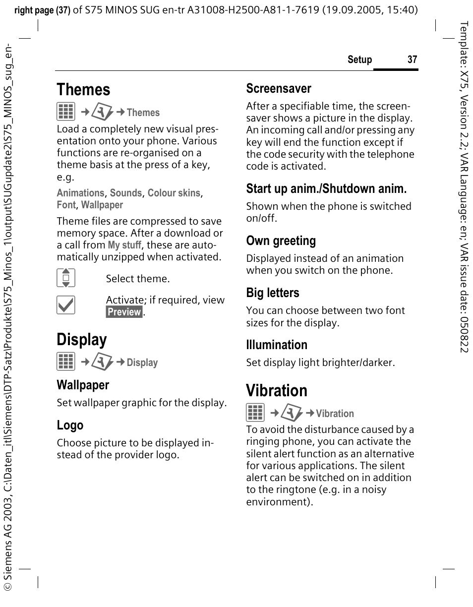 Themes, Display, Vibration | Siemens S75 User Manual | Page 38 / 72