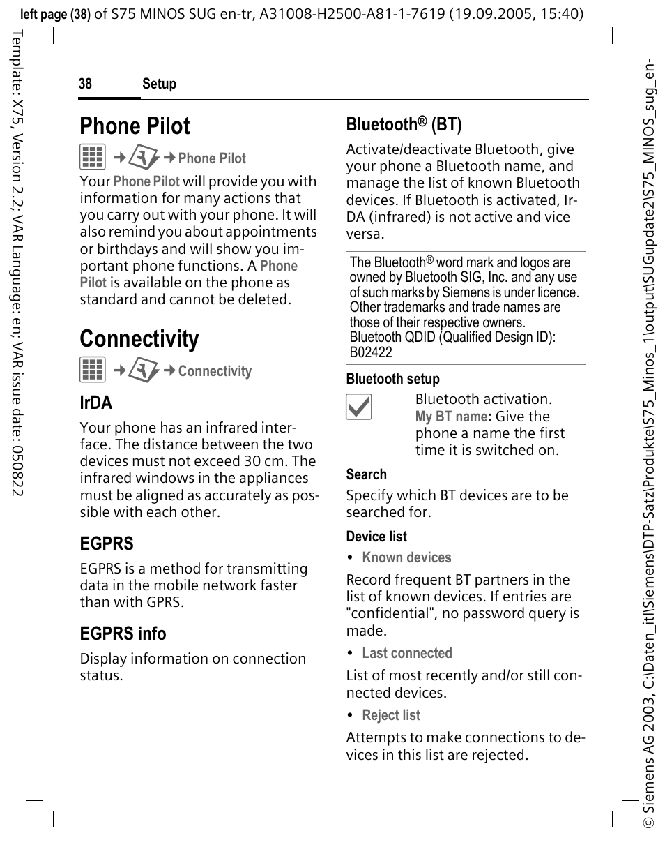 Phone pilot, Connectivity, Irda | Egprs, Egprs info, Bluetooth | Siemens S75 User Manual | Page 39 / 72