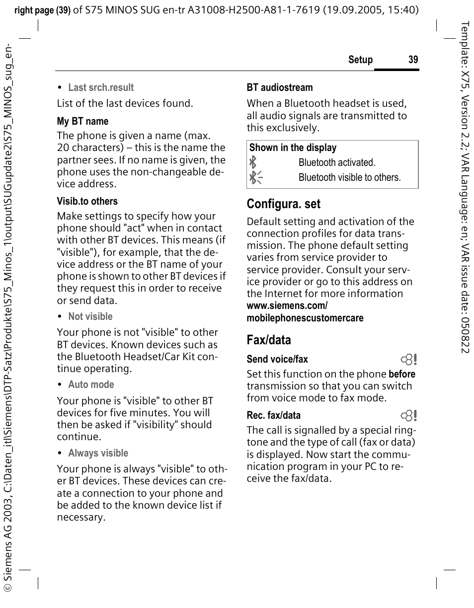 Configura. set, Fax/data | Siemens S75 User Manual | Page 40 / 72