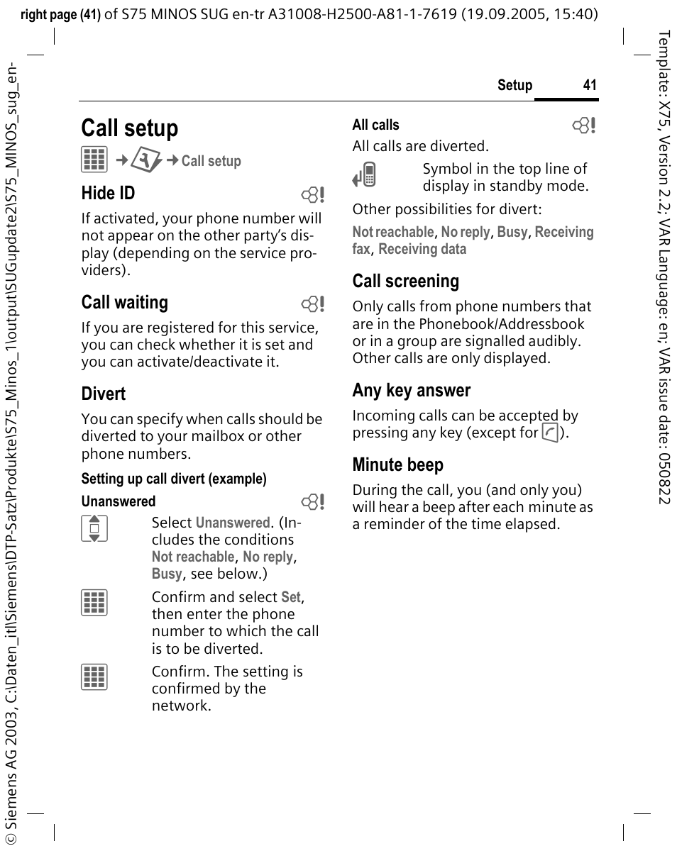 Call setup | Siemens S75 User Manual | Page 42 / 72