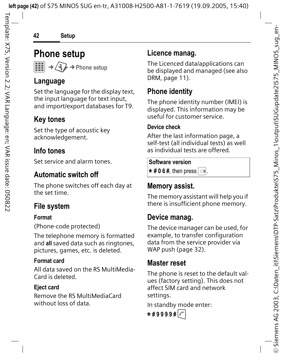 Phone setup, Language, Key tones | Info tones, Automatic switch off, File system, Licence manag, Phone identity, Device manag, Master reset | Siemens S75 User Manual | Page 43 / 72