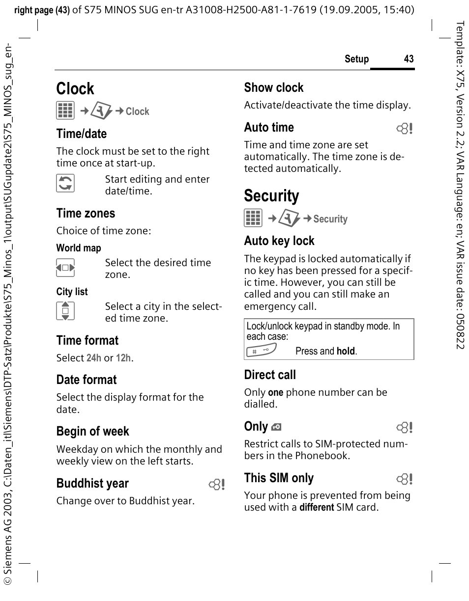 Clock, Security | Siemens S75 User Manual | Page 44 / 72