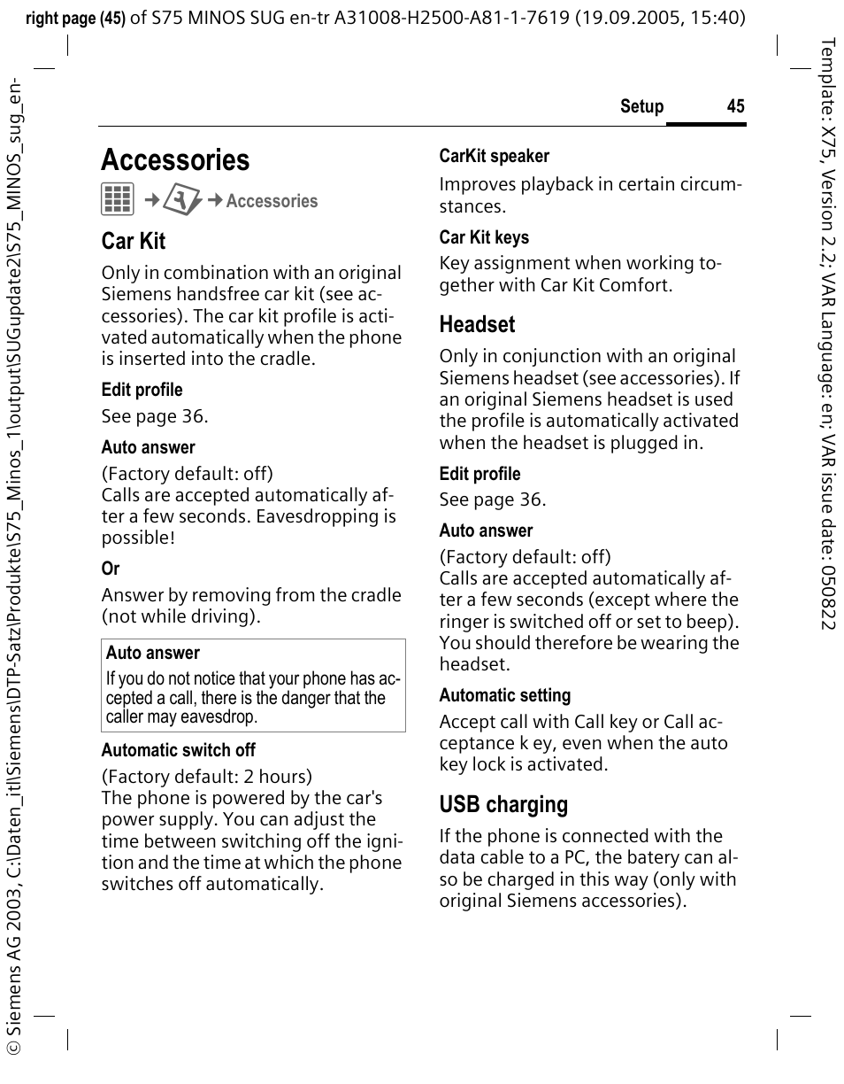 Accessories, Car kit, Headset | Usb charging | Siemens S75 User Manual | Page 46 / 72