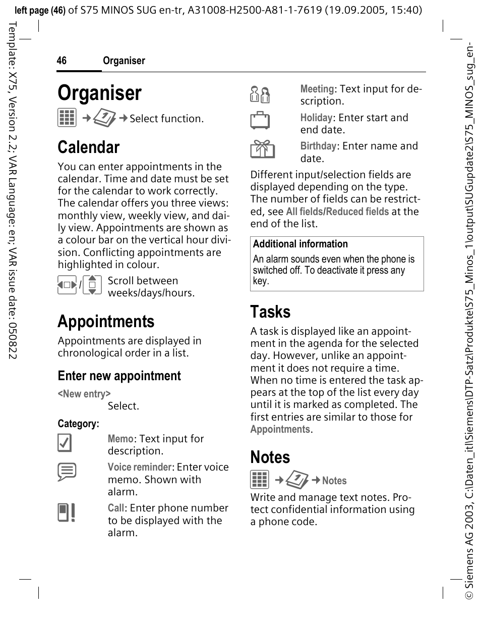 Organiser, Calendar, Appointments | Tasks, Notes | Siemens S75 User Manual | Page 47 / 72