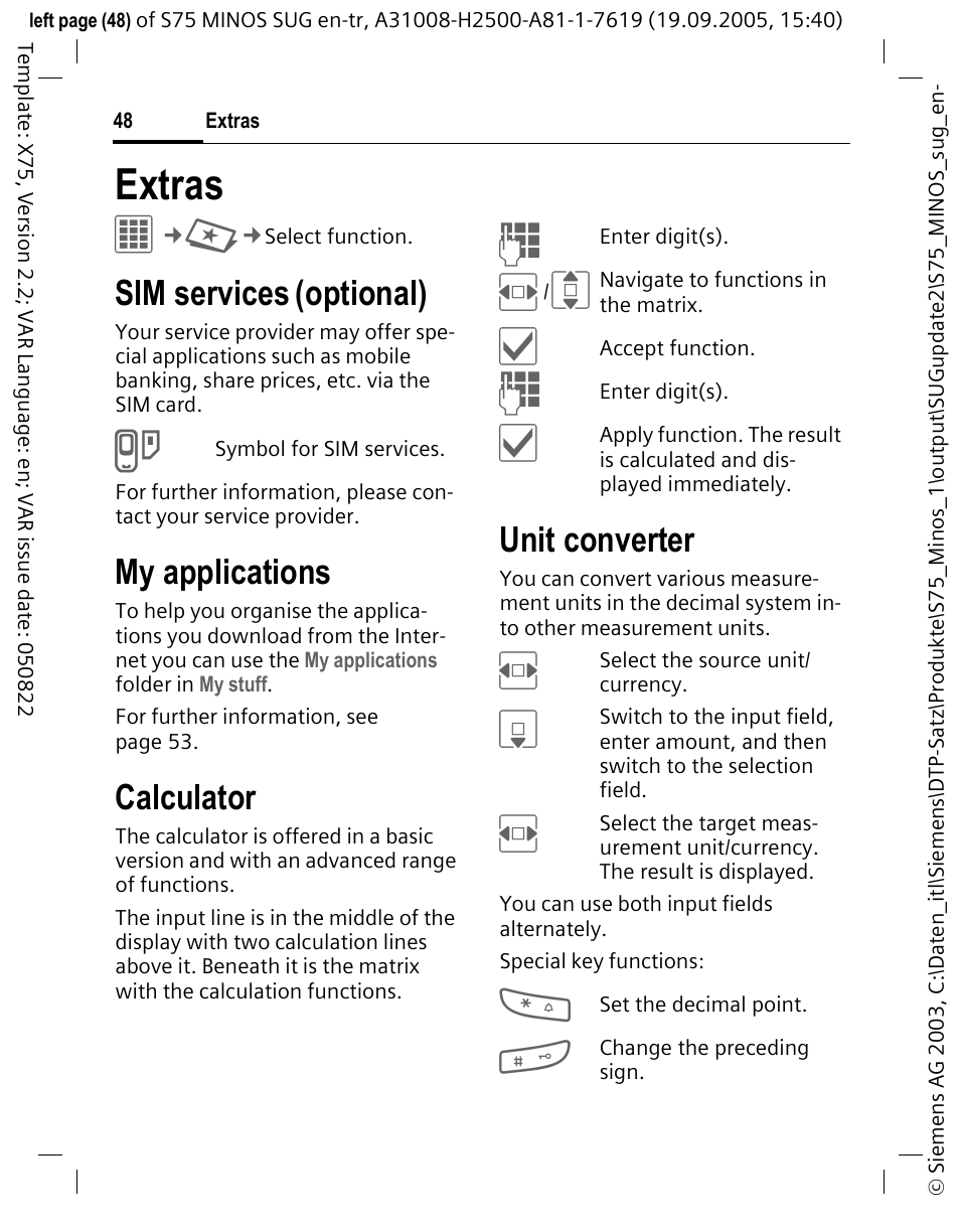 Extras, Sim services (optional), My applications | Calculator, Unit converter, Sim services, Optional) | Siemens S75 User Manual | Page 49 / 72