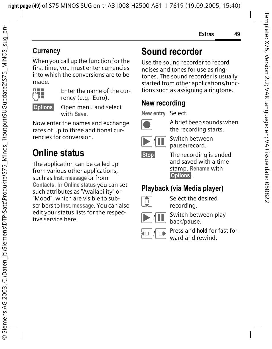 Online status, Sound recorder | Siemens S75 User Manual | Page 50 / 72