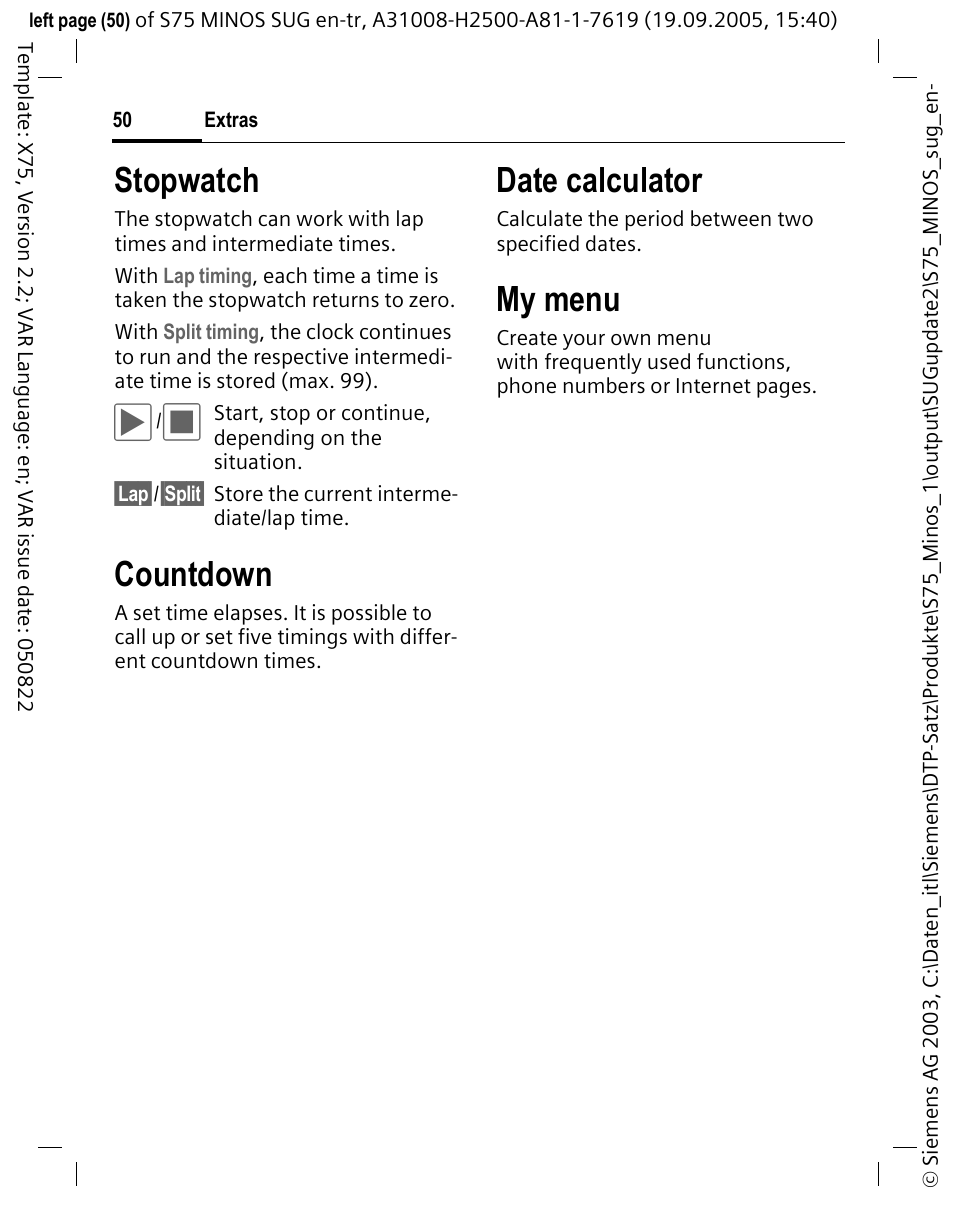 Stopwatch, Countdown, Date calculator | My menu | Siemens S75 User Manual | Page 51 / 72