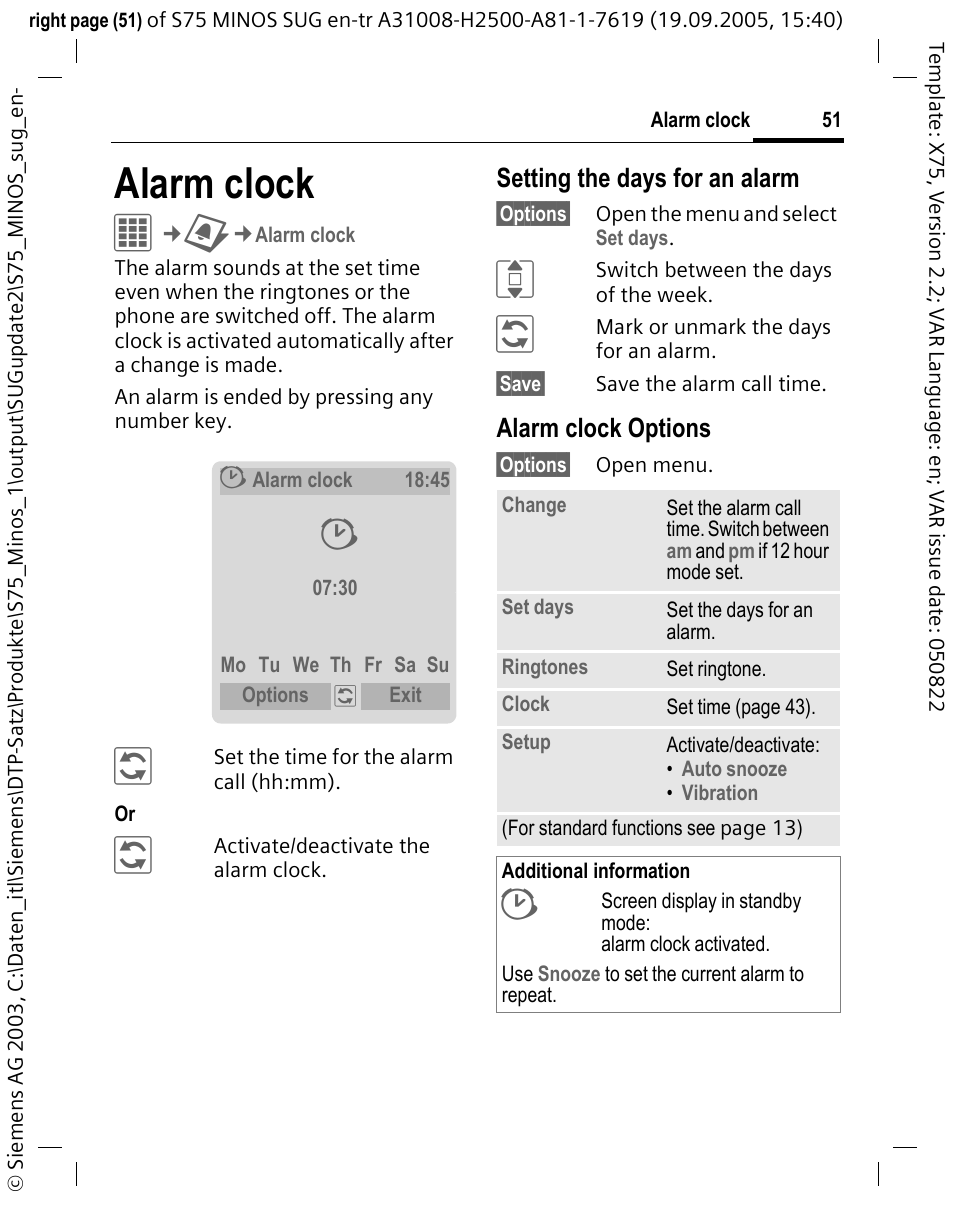 Alarm clock, Setting the days for an alarm, Alarm clock options | Siemens S75 User Manual | Page 52 / 72