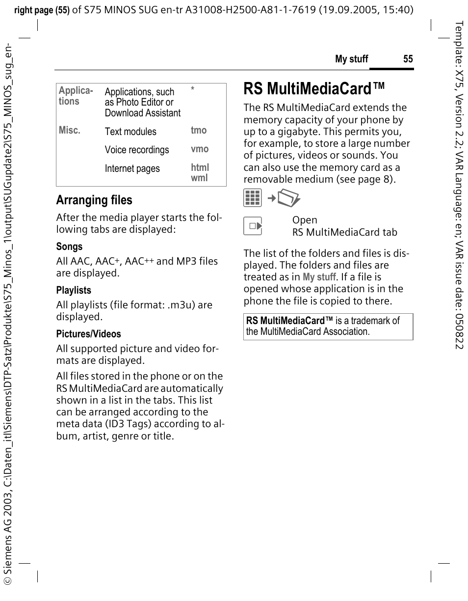 Rs multimediacard, Arranging files | Siemens S75 User Manual | Page 56 / 72