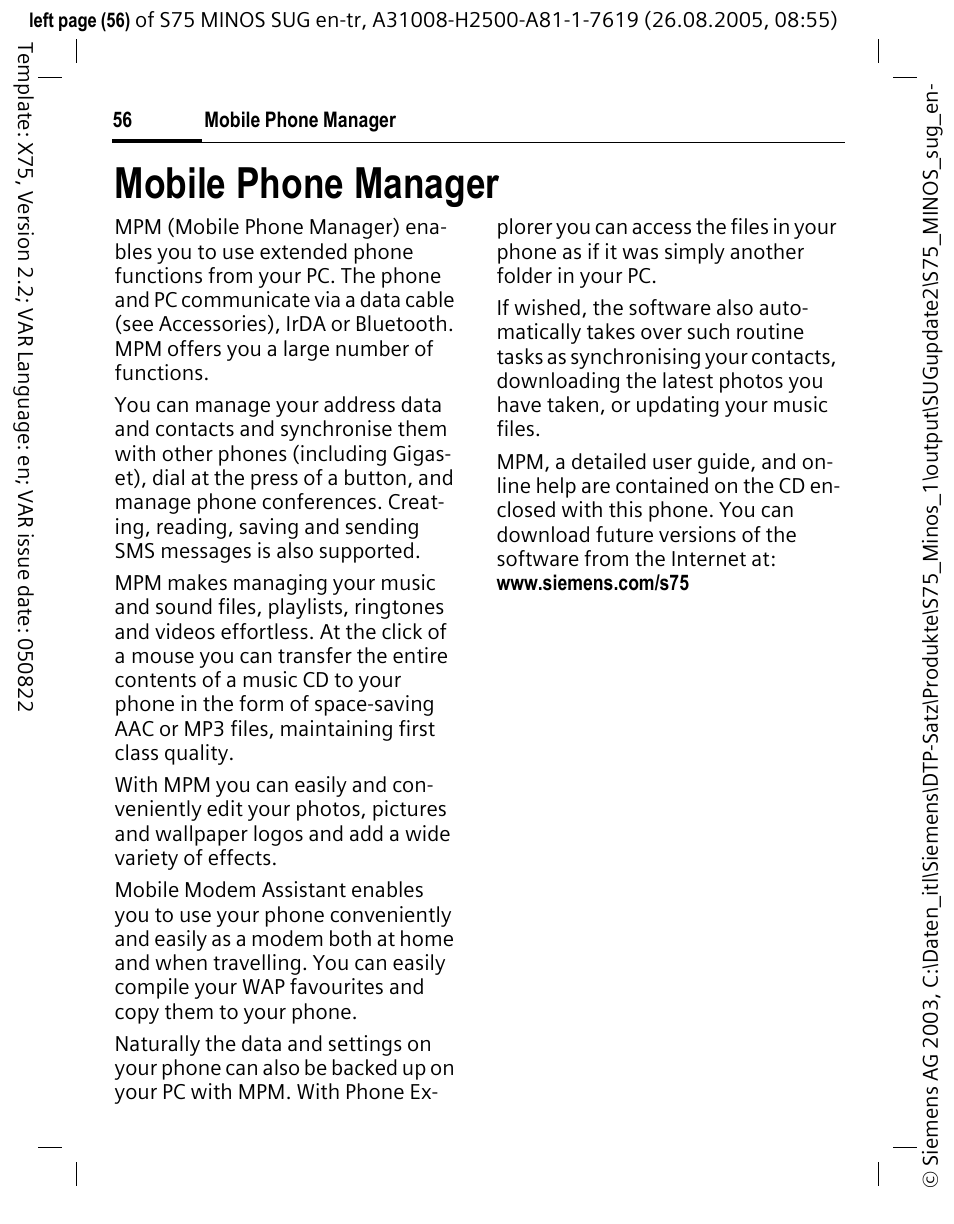 Mobile phone manager | Siemens S75 User Manual | Page 57 / 72