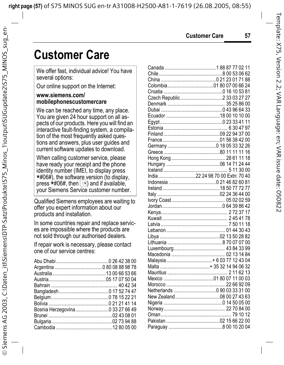 Customer care | Siemens S75 User Manual | Page 58 / 72