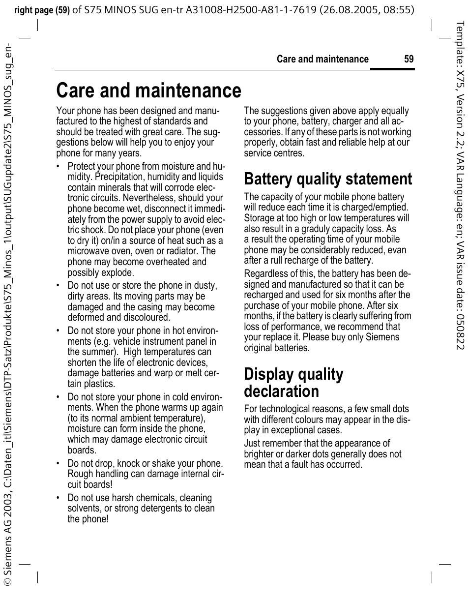 Care and maintenance, Battery quality statement, Display quality declaration | Siemens S75 User Manual | Page 60 / 72