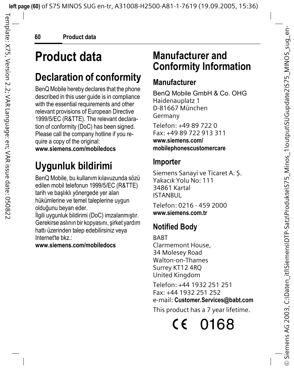 Product data, Declaration of conformity, Uygunluk bildirimi | Manufacturer and conformity information, Manufacturer, Importer, Notified body | Siemens S75 User Manual | Page 61 / 72