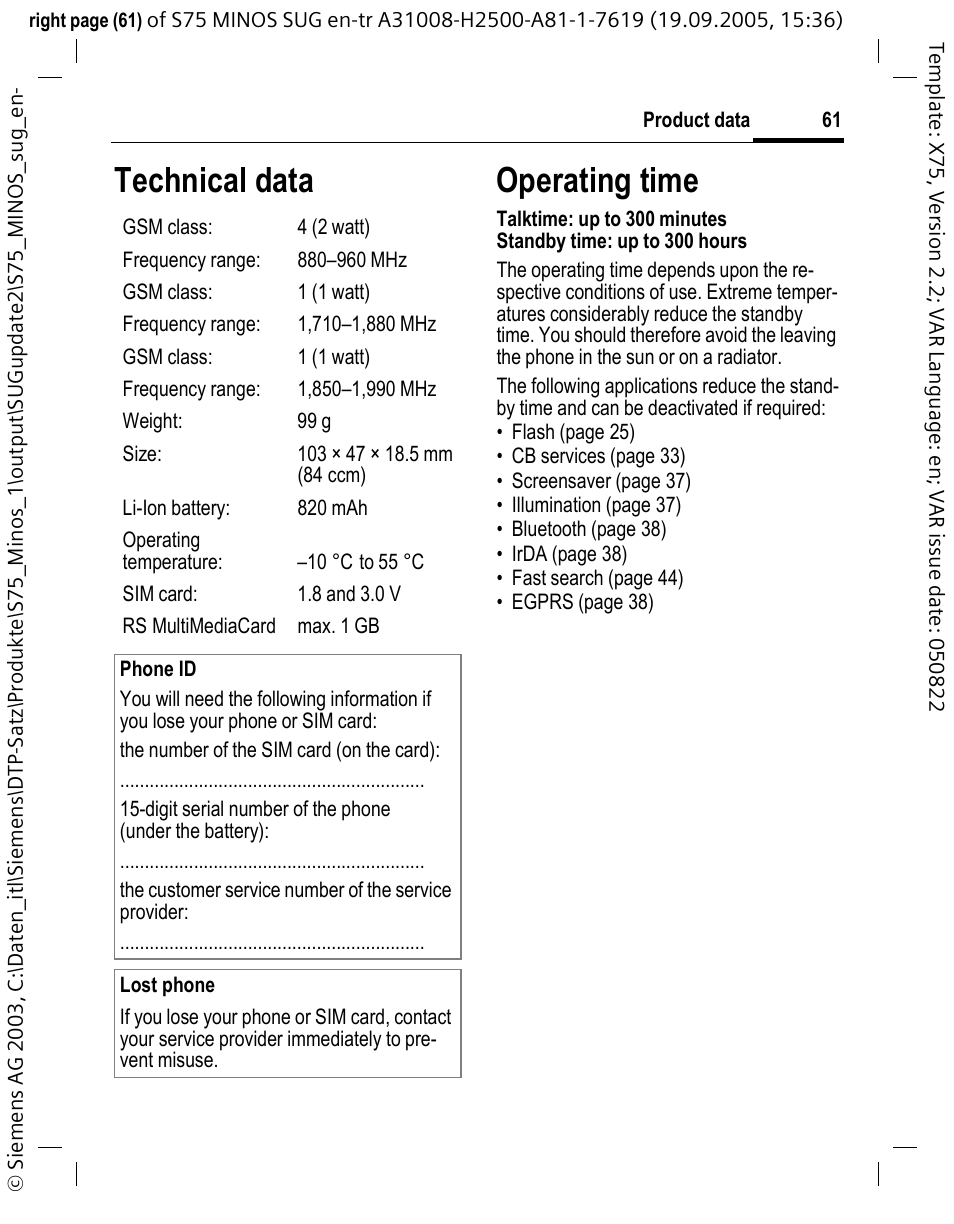 Technical data operating time | Siemens S75 User Manual | Page 62 / 72